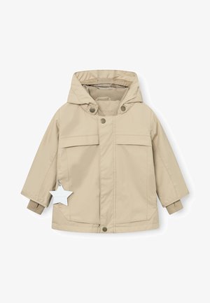 Beige, hooded jacket with a smooth texture, featuring two front pockets, snap closures, and ribbed cuffs. Includes a star-shaped tag.