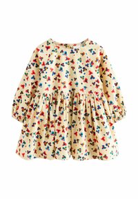 Cream toddler dress with long sleeves and multicolor abstract spots pattern, gathered waist, and elastic cuffs.