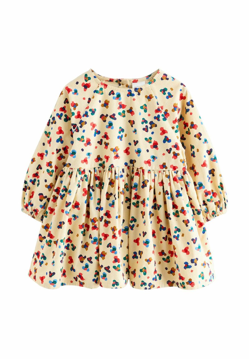 Cream toddler dress with long sleeves and multicolor abstract spots pattern, gathered waist, and elastic cuffs.