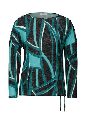 Multicolore lange mouwen top met abstract teal en zwart patroon. Ronde hals, textuurstof en gathered details op de mouwen.