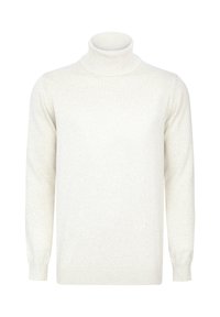 Jasno beżowy sweter z golfem, z długimi rękawami, prążkowanym kołnierzem i mankietami, wykonany z miękkiej dzianiny. Gładka tekstura, minimalistyczny design.