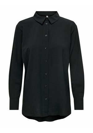 Czarna koszula na długi rękaw, zapinana na guziki, z kołnierzykiem w szpic i teksturowaną tkaniną, zaprojektowana z mankietami i lekko zaokrąglonym dołem.