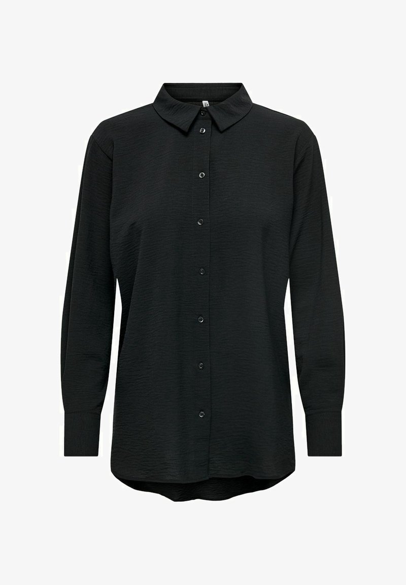 Chemise noire à manches longues avec col pointu et tissu texturé, conçue avec des manches à revers et un ourlet légèrement arrondi.