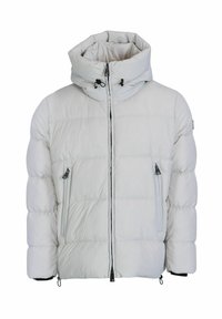 Veste légère blanche rembourrée avec capuche. Comprend une fermeture éclair à l'avant, deux poches latérales et des poignets élastiques. Tissu texturé avec un léger éclat.