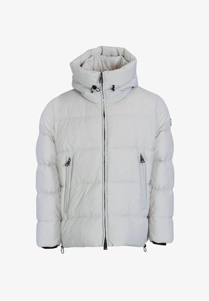 Veste légère blanche rembourrée avec capuche. Comprend une fermeture éclair à l'avant, deux poches latérales et des poignets élastiques. Tissu texturé avec un léger éclat.