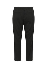 Pantalons noirs fuselés avec une taille élastique, deux poches arrière et une texture lisse. Design simple, adapté pour un usage décontracté ou formel.