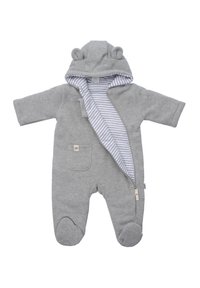 Grauer Baby-Overall aus Baumwolle mit Reißverschluss, gestreiftem Innenfutter, Bärenohren an der Kapuze und einer Vordertasche. Weiche Textur und nahtloses Design.