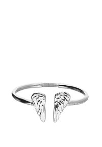 Brazalete de plata con dos adornos en forma de alas. Las alas tienen texturas detalladas de plumas y el brazalete tiene un diseño suave y redondeado.