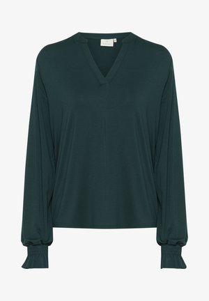 Donkergroene blouse met lange mouwen en V-hals, zachte stof en elastische manchetten met ruches, met een ontspannen pasvorm.