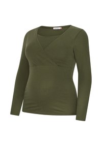 Olivgrünes Langarmshirt mit Wickeldesign, aus weichem Stoff, mit Rundhalsausschnitt und taillierter Silhouette.