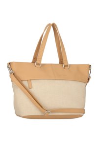 Borsa in tela beige con dettagli in pelle liscia marrone chiaro, doppi manici superiori e tracolla regolabile. Dettagli in metallo argentato visibili.