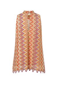 Mouwloze top met kleurrijk zigzagpatroon in oranje, roze en beige, met een opstaande kraag, een sleutelgat aan de voorkant en een gegolfde zoom.