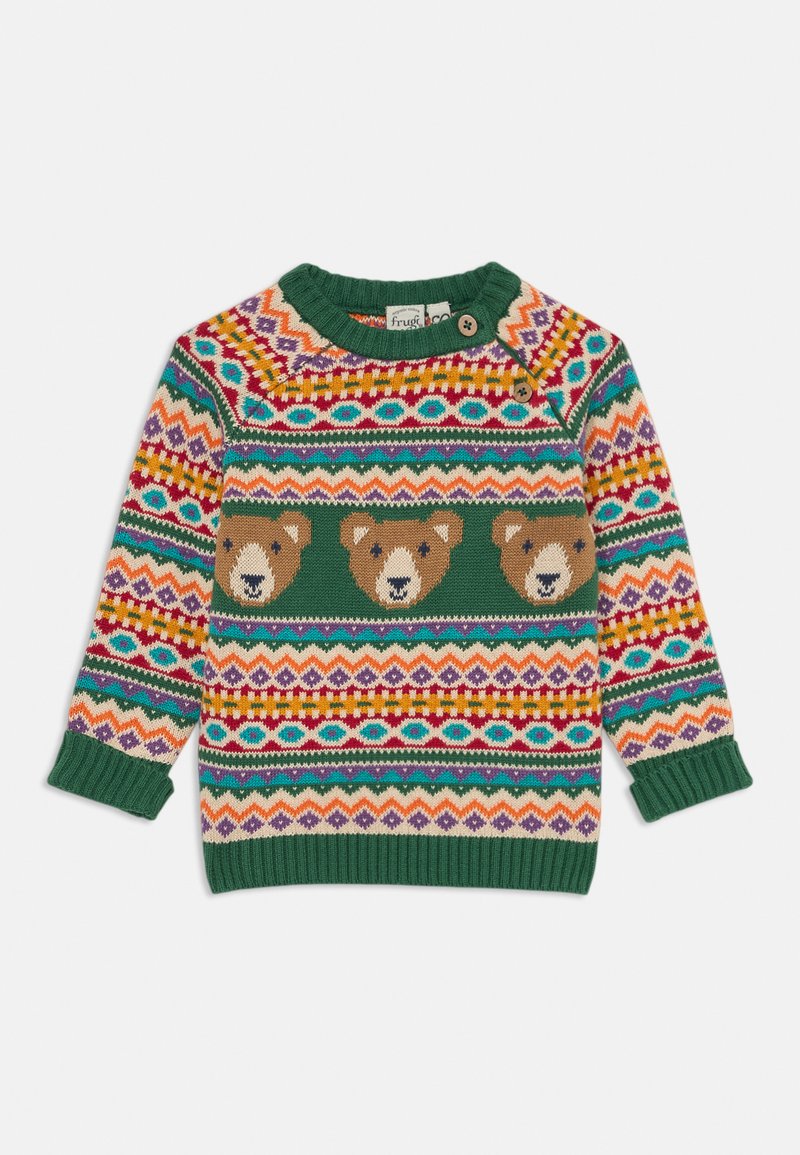 Gestrickter Kinderpullover in Grün mit bunten Mustern, der drei Bärenmotive aufweist. Der runde Halsausschnitt und die Bündchen sind gerippt und mit Knöpfen versehen.