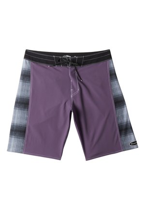Board shorts in purple fabric with black and gray plaid side panels. Features a drawstring waistband and contrasting white stitching.