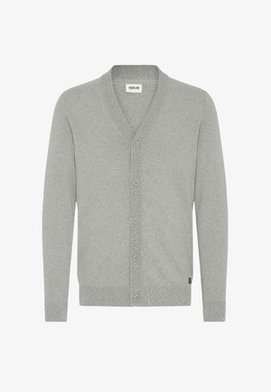 Sivi kardigan z V-izrezom, sprednjim gumbom in rebrastimi manšetami. Nežna tekstura in preprost dizajn, primeren za plastenje.