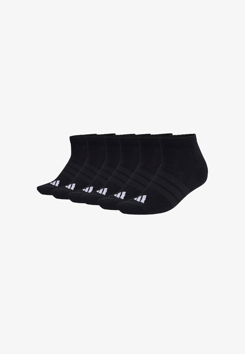 Schwarze Knöchelsocken mit weißen drei Streifen Akzenten, mit einer gerippten Textur und einem tief geschnittenen Design. Set bestehend aus sechs Paaren.