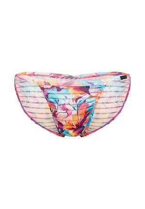 Przezroczyste majtki bikini z wielokolorowym kwiatowym i paskowanym wzorem, różową lamówką oraz małą czarną metką marki na pasku w talii.