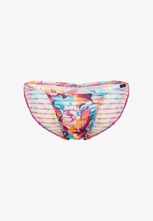 Przezroczyste majtki bikini z wielokolorowym kwiatowym i paskowanym wzorem, różową lamówką oraz małą czarną metką marki na pasku w talii.