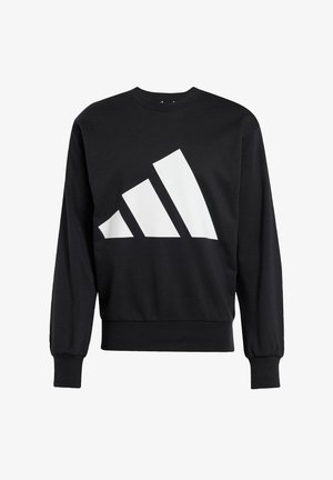 Schwarzes Sweatshirt mit Rundhalsausschnitt und langen Ärmeln, mit einem großen weißen Adidas-Logo in geometrischem Design auf der Vorderseite.
