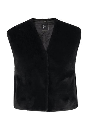 Gilet in finta pelliccia nera con fodera interna trapuntata, design aperto frontalmente e senza chiusure. Presenta una texture liscia e una silhouette minimalista.