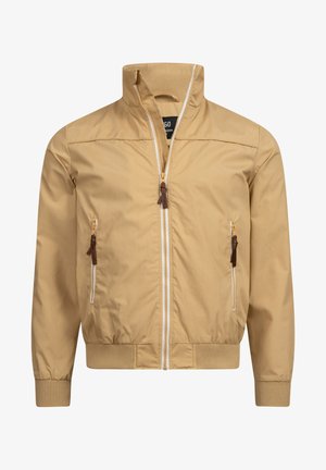 Giacca bomber color cachi realizzata in tessuto liscio, dotata di colletto alto, polsini a costine, due tasche con zip e dettagli in zip bianco a contrasto.