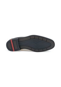 Suola di scarpa in gomma nera con battistrada texturizzato, una fascia accentata rossa e una sezione centrale liscia. Forma curvata per comfort e aderenza.
