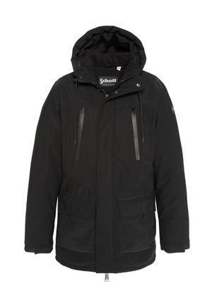 Zwarte parka-jacket met een capuchon, rits- en klepzakken, een sluiting aan de voorkant en een gestructureerde stof met een gladde afwerking.