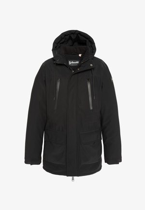 Parka negra con capucha, bolsillos con cremallera y solapa, cierre delantero y tejido texturizado con un acabado suave.
