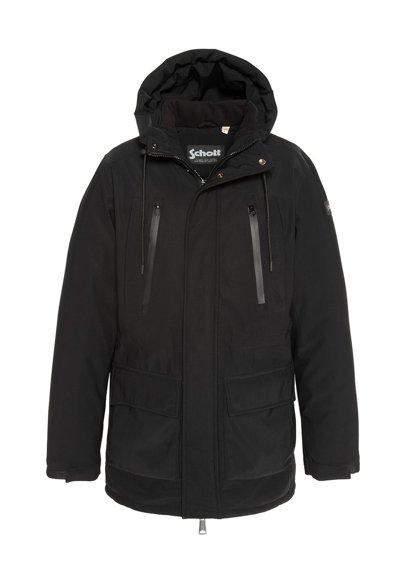 Parka negra con capucha, bolsillos con cremallera y solapa, cierre delantero y tejido texturizado con un acabado suave.