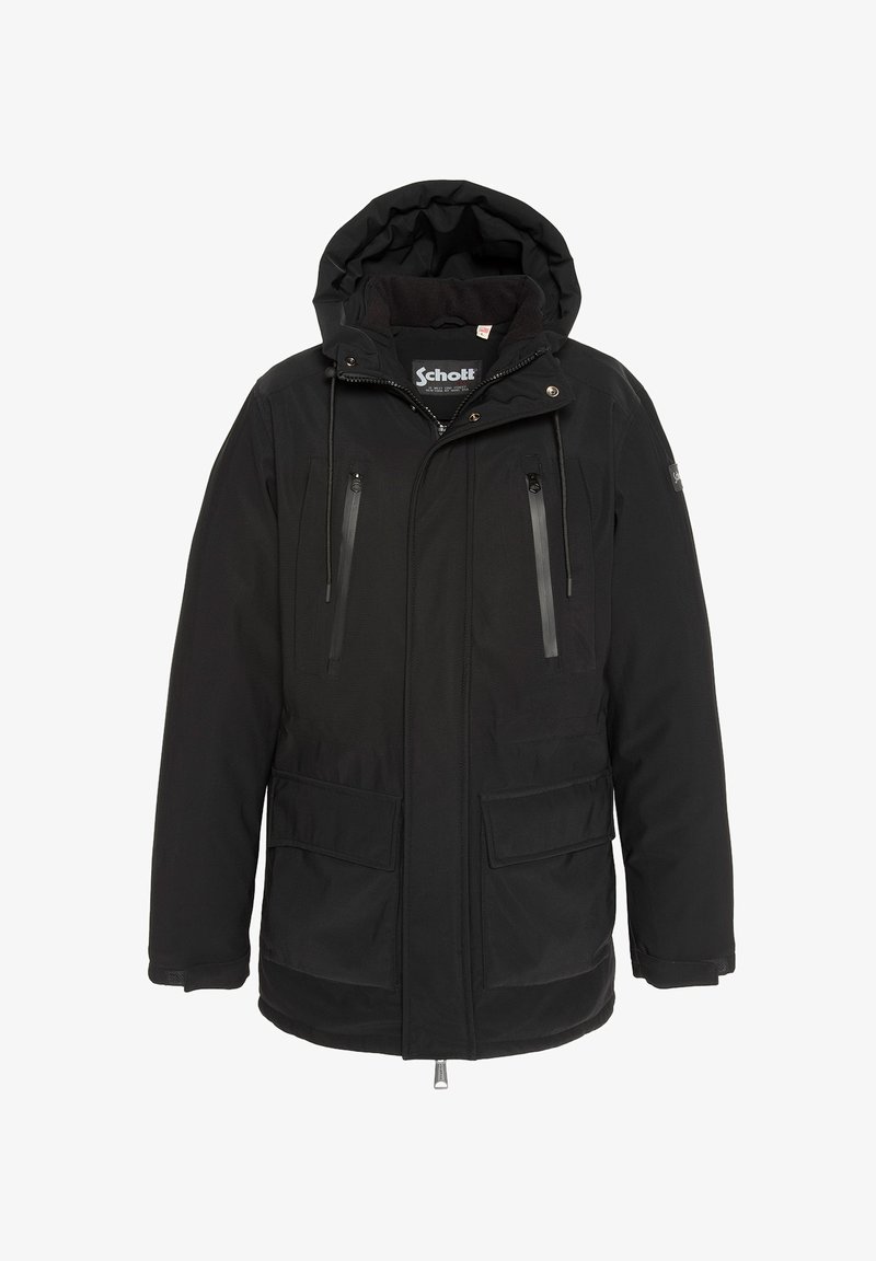Parka negra con capucha, bolsillos con cremallera y solapa, cierre delantero y tejido texturizado con un acabado suave.