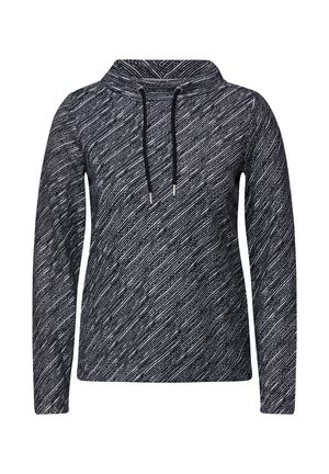 Schwarz-weißer Pullover mit langen Ärmeln und einem Cowl-Neck sowie verstellbaren Kordeln, der ein strukturiertes, gestreiftes Muster aufweist.