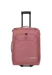 Valigia rosa con ruote in tessuto, dotata di manico estraibile, scomparti con zip e una tasca laterale con logo.