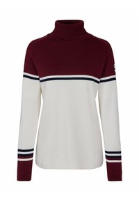 Maglione dolcevita color marrone scuro con una striscia bianca sul petto; presenta accenti blu navy e rossi sulle maniche e una texture a costine.