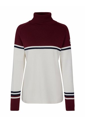 Bordeauxroter Rollkragenpullover mit weißem Streifen über der Brust; verfügt über marineblaue und rote Akzente an den Ärmeln und eine gerippte Struktur.