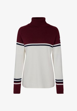 Bordeauxroter Rollkragenpullover mit weißem Streifen über der Brust; verfügt über marineblaue und rote Akzente an den Ärmeln und eine gerippte Struktur.