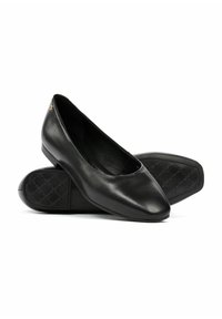 Czarne skórzane baleriny z zaokrąglonym noskiem, niskoprofilową podeszwą i teksturowaną wkładką z pikowanym wzorem. Złote akcenty.
