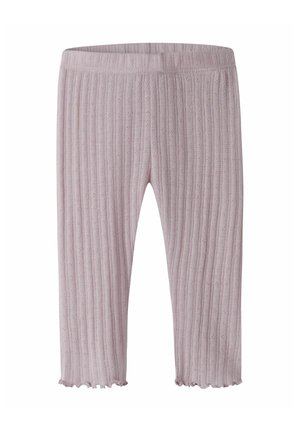 Leggings pour enfants côtelés de couleur rose clair en tricot, avec taille élastique et ourlets festonnés.