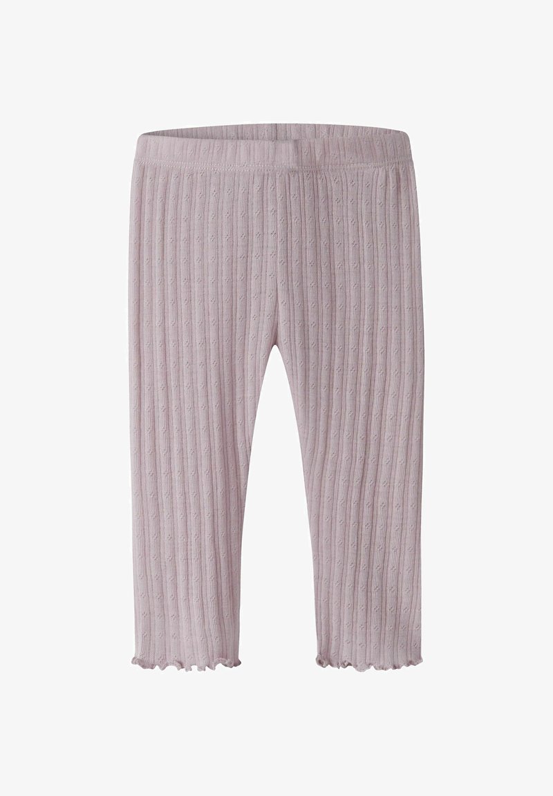 Leggings pour enfants côtelés de couleur rose clair en tricot, avec taille élastique et ourlets festonnés.