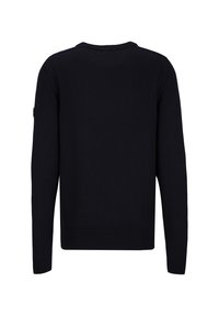 Marineblauwe gebreide trui met lange mouwen, ronde halslijn en geribbelde manchetten. Glad oppervlak, minimalistisch ontwerp, geen zichtbare patronen of logo's.