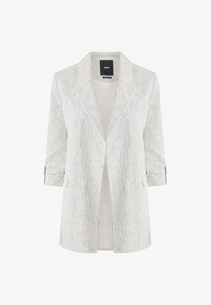 Pasywowy żakiet w biało-szarym kolorze, z klapami w kształcie litery V, rękawami o długości trzech czwartych, otwartym przodem i dwiema bocznymi kieszeniami. Wykonany z lekkiej tkaniny.