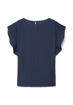 Marineblaue Bluse mit kurzen Volantärmeln, rundem Ausschnitt, dezenten vertikalen Strukturen und kleinem Knopfverschluss am Rücken.