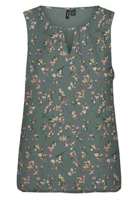 Floral mouwloze top in het groen, met een V-hals, versierd met verspreide roze, witte en gele bloemen op een gestructureerde stof.