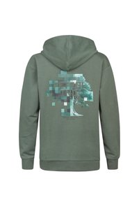 Felpa verde con una grande grafica di un albero astratto e il testo "PETROLIND" in lettere scure, realizzata in un morbido tessuto testurizzato con una vestibilità rilassata.