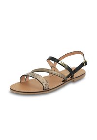 Zwarte en beige platte sandalen met meerdere banden; textuur bovenkant in slangpatroon; verstelbare enkelband; gevoerde inlegzool.