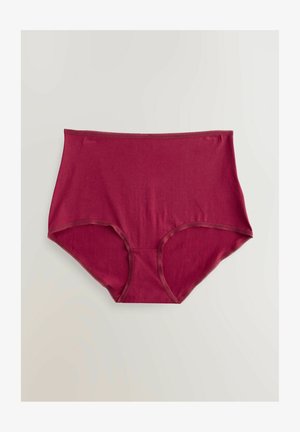 Bordeaux højtaljede trusser lavet af blødt bomuld. Har en glat overflade med elastisk talje og benåbninger. Ingen mønstre eller udsmykninger.