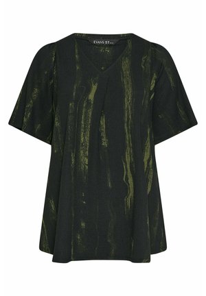 Zwarte blouse met korte mouwen met subtiel olijfgroen penseelstrekenpatroon, V-hals en losse pasvorm, label met EVANS UK 16.