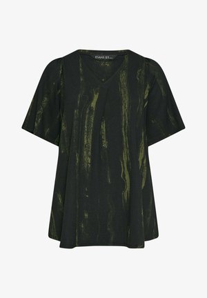 Zwarte blouse met korte mouwen met subtiel olijfgroen penseelstrekenpatroon, V-hals en losse pasvorm, label met EVANS UK 16.