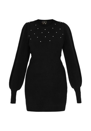 Czarna dzianinowa sukienka swetrowa z długimi, bufiastymi rękawami i perłowymi zdobieniami na piersi. Posiada okrągły dekolt i ściągacze na rękawach.