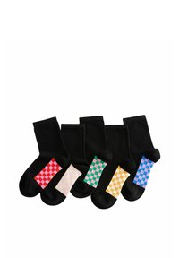 Schwarze Socken mit farbigen Schachbrettmustern an den Bündchen. Die Farben umfassen Rot, Pink, Grün, Orange und Blau. Baumwollmischung.