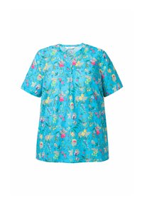 Camicia a maniche corte floreale in turchese con scollo a V. Presenta un motivo colorato di vari fiori e foglie su un tessuto liscio.